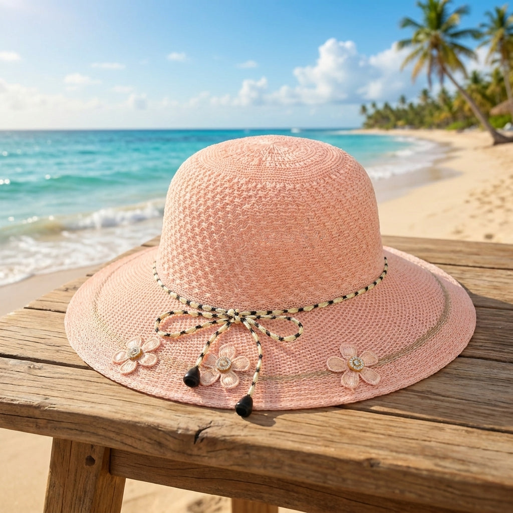 Floral Wide Brim Woven Sun Hat
